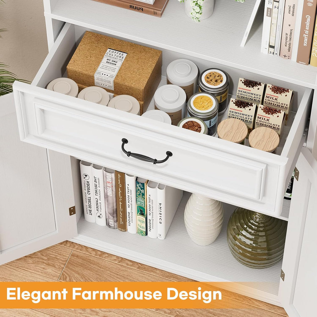 Cyclysio 80" Tall Bookcase Set of 2, Farmhouse 2 Set Bookshelves with Drawer and Doors, Floor Standing 6 Shelf Display Storage Cabinet for Home Office, Living Room (2, Antique White)