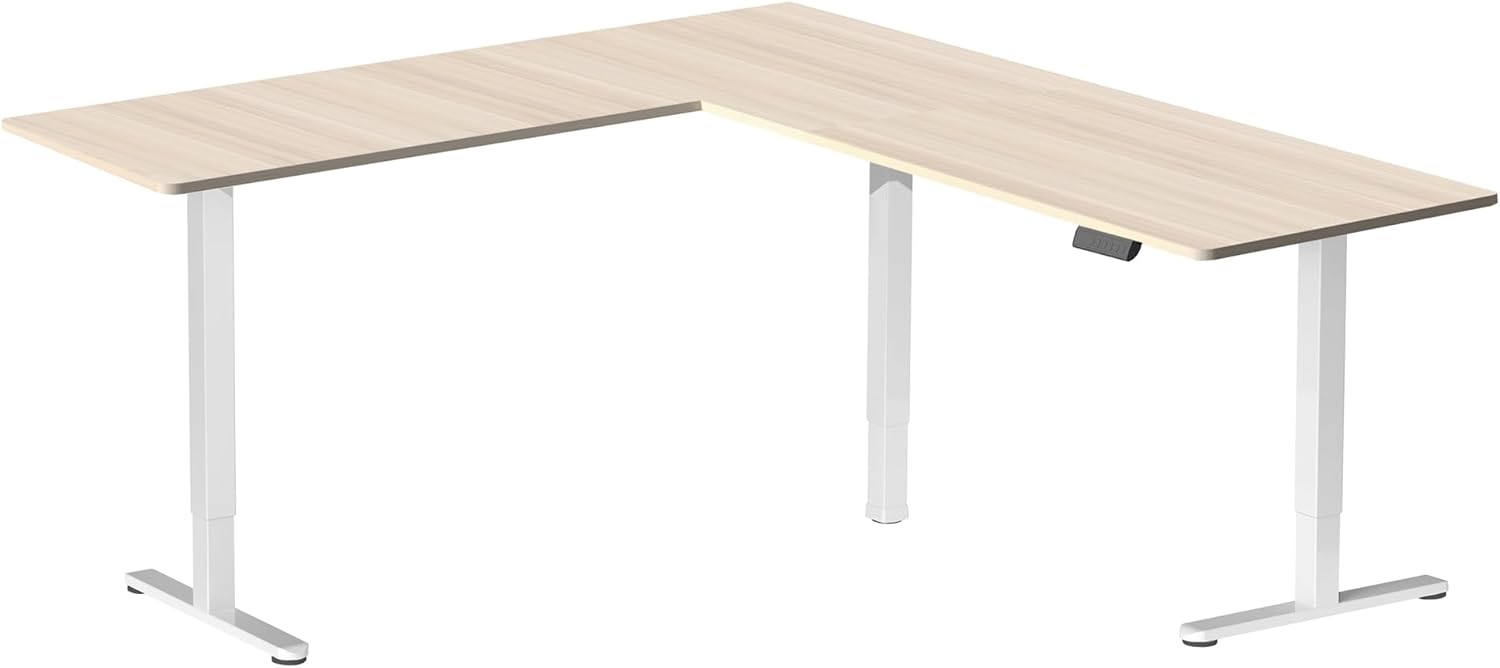 VIVO Corner Standing Desk, 75 x 63 inch Reversible L-Shaped Workstation, Electric Height Adjustment, Home, Office, and Reception Rooms, Light Wood Table Top White Frame, DESK-E3CTC-75