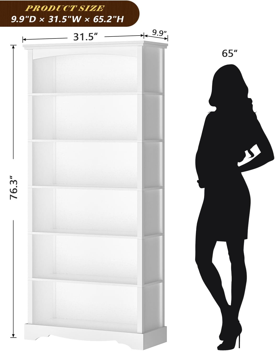 TVU 6-Tier Wooden Bookshelf, 76 Inch Tall Bookshelf with Storage, Floor Standing Modern Style Display Bookcase for Living Room, Office, Study Room, Entryway, White