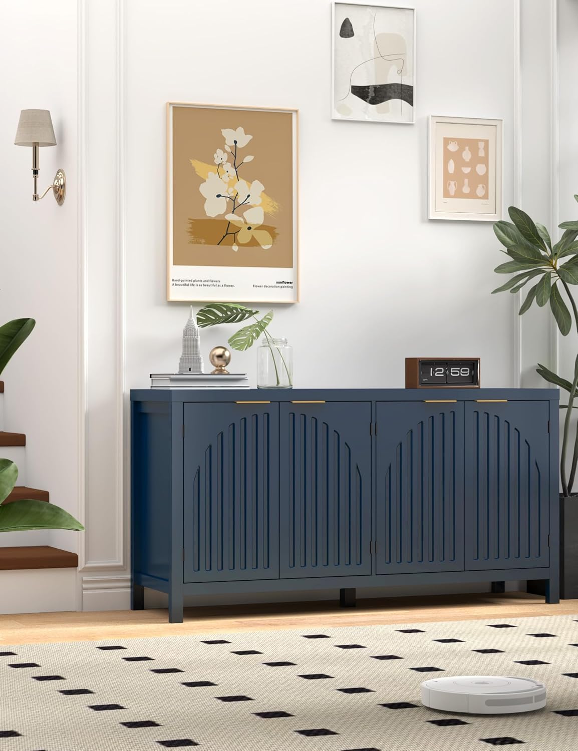 Fluted Sideboard Buffet Cabinet with Storage, 58'' Mid Century Modern Accent Credenza with Arch Doors & Adjustable Shelves, Wooden Coffee Bar for Dining Room Kitchen Living Room Entryway Hallway