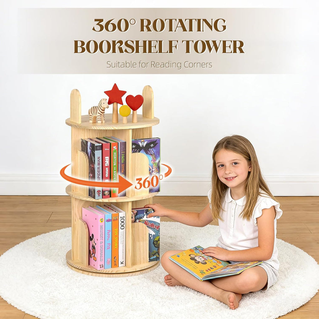 Kryonix Rotating Bookshelf, Solid Pine Wood Spinning Bookshelf Tower 5 Tier, 360° Revolving Bookcase for Kids, Multi-Functiona Corner Round Turning Book Shelf Organizer for Small Spaces
