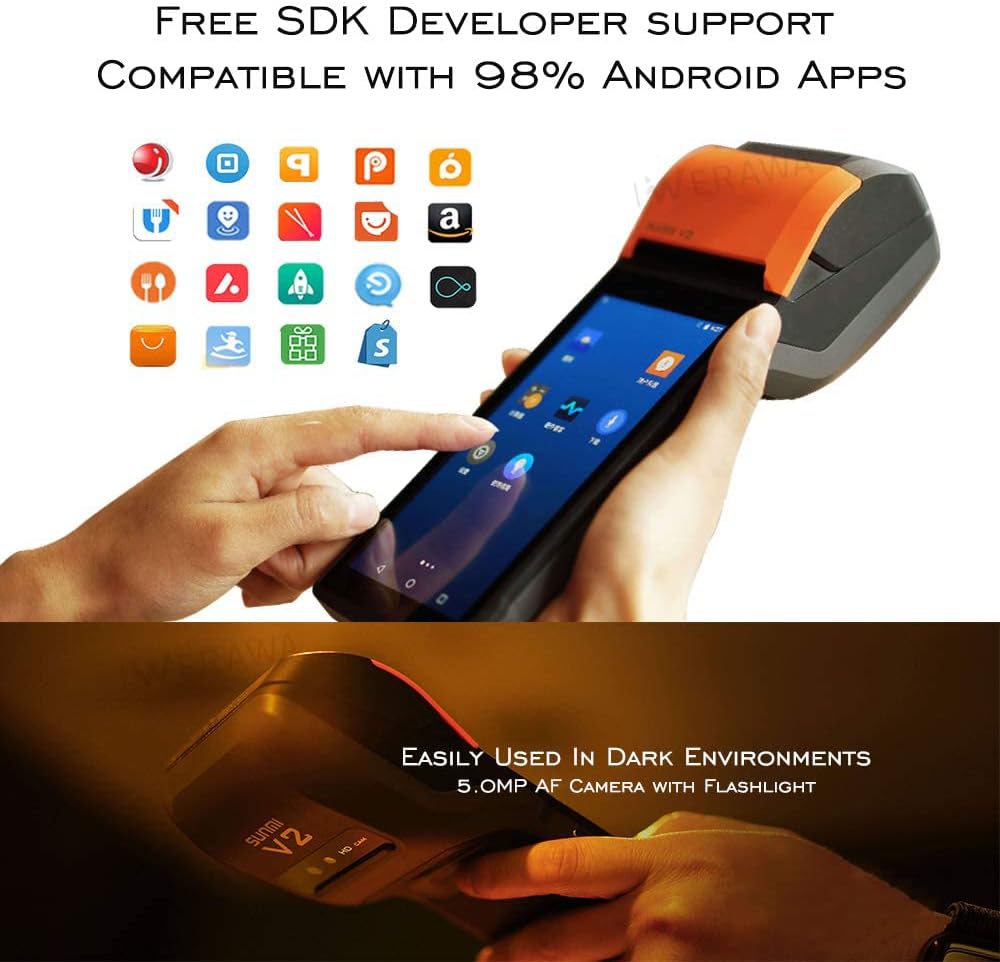 Mobile POS Printer SUNMI V2 POS Terminal with 58mm Thermal Receipt Printer, Speaker, Cam, Barcode Scanner in One Handheld PDA Printer, Compatible with Loyverse iREAP CashStock for Sales Retail Print