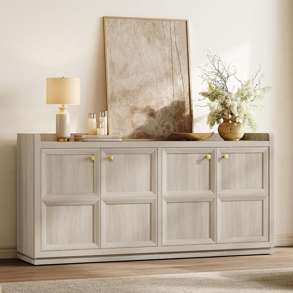 SICOTAS 61.7" Wide 4-Door Buffet Cabinet, Extra Long Sideboard with 2 Separate Bays & Adjustable Shelves, Modern Credenza Storage Cabinet with Gold Handle for Kitchen Living Room, Grey White Oak,1 PCS