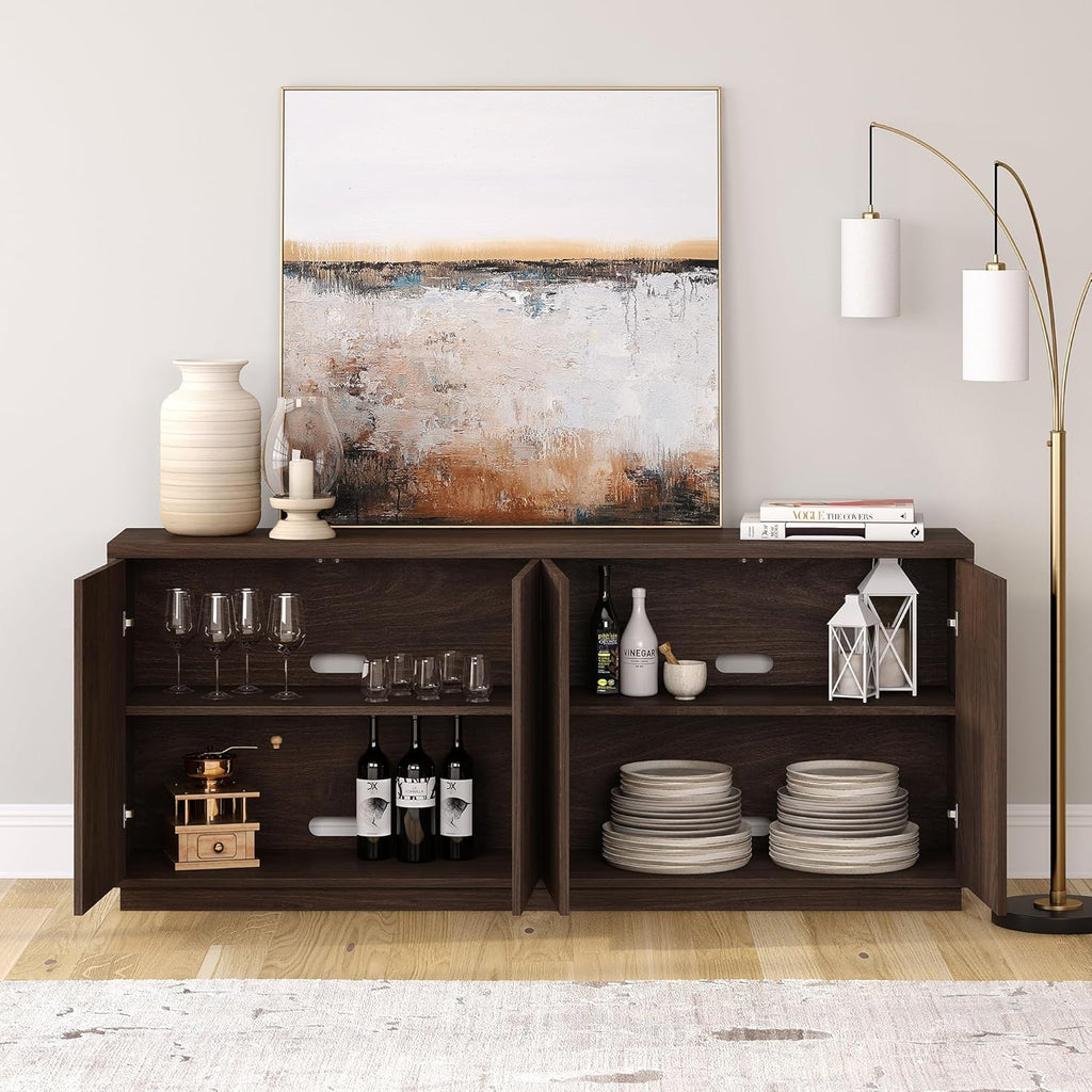 Henn&Hart 68" Fluted Sideboard Buffet Cabinet, Modern Ribbed Wooden Credenza with 4 Doors, Adjustable Shelves, and Cable Management Cut-Outs for Dining Room, Living Room or Entryway, Rich Brown