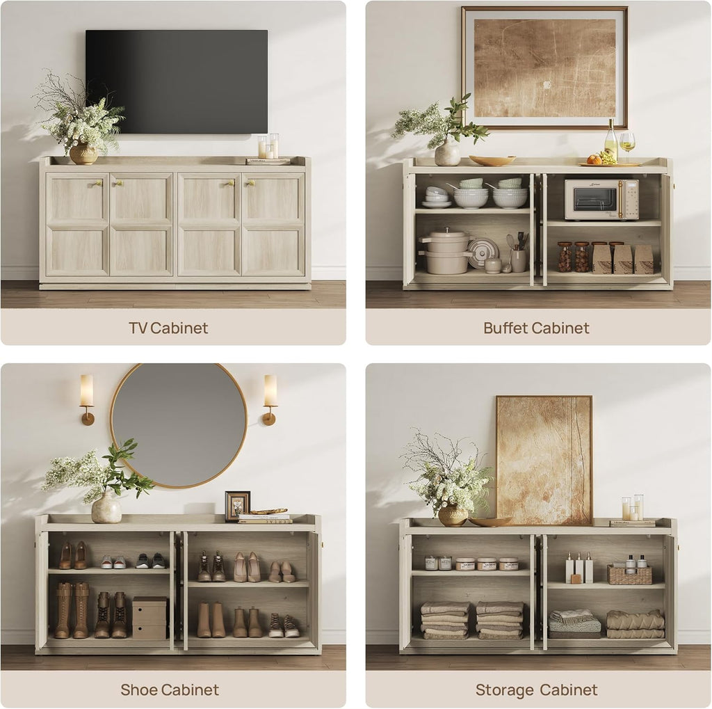 SICOTAS 61.7" Wide 4-Door Buffet Cabinet, Extra Long Sideboard with 2 Separate Bays & Adjustable Shelves, Modern Credenza Storage Cabinet with Gold Handle for Kitchen Living Room, Grey White Oak,1 PCS