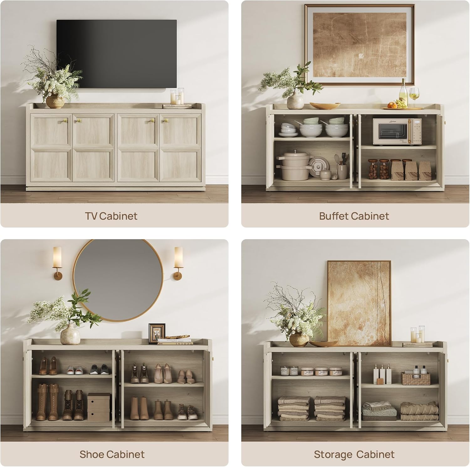 SICOTAS 61.7" Wide 4-Door Buffet Cabinet, Extra Long Sideboard with 2 Separate Bays & Adjustable Shelves, Modern Credenza Storage Cabinet with Gold Handle for Kitchen Living Room, Grey White Oak,1 PCS