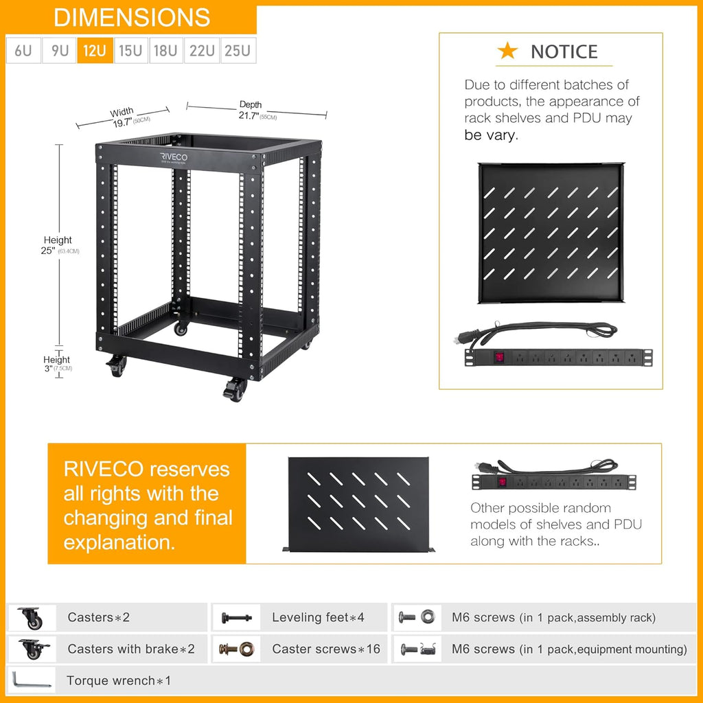 RIVECO 19" 12U Server Rack Open Frame with Wheels + PDU (8 Outlets) Power Strip Surge Protector + 1U Rack Shelf Cantilever Tray Set Black