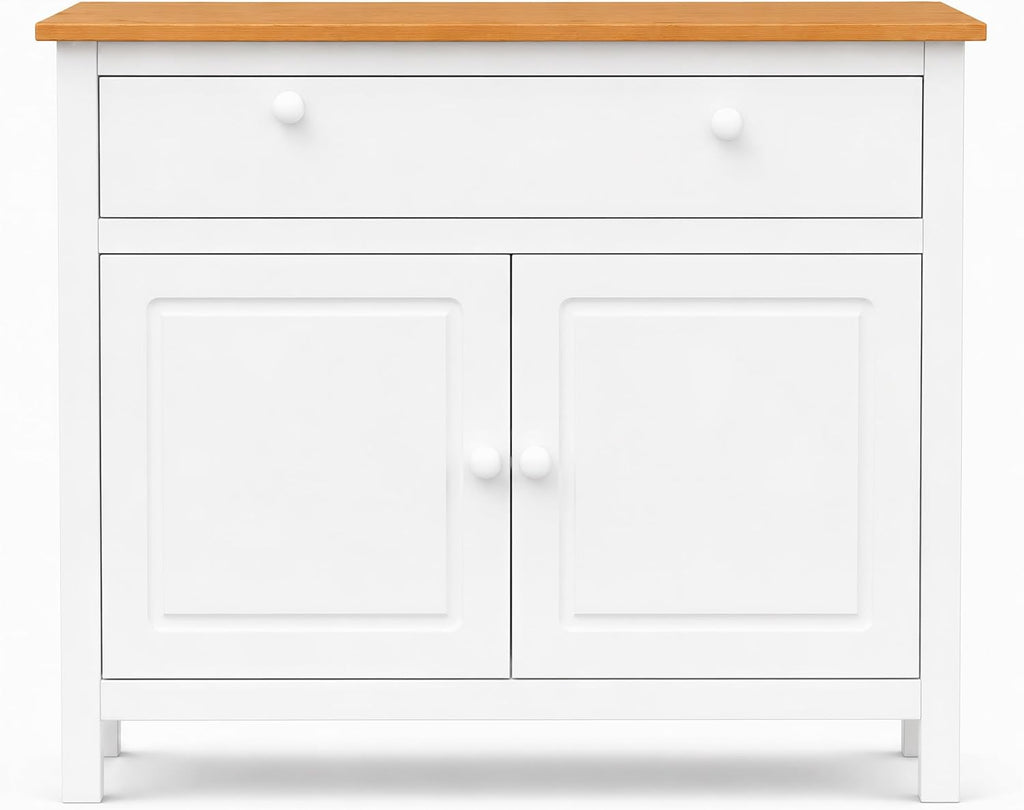 From the Tree Furniture 44" Wide White & Pine Top Solid Pine Shaker Sideboard Buffet Cabinet — 2 Doors, Adjustable Shelves & 1 Drawer — Anti-Tip Included — Two-Tone Farmhouse Finish for Dining Room