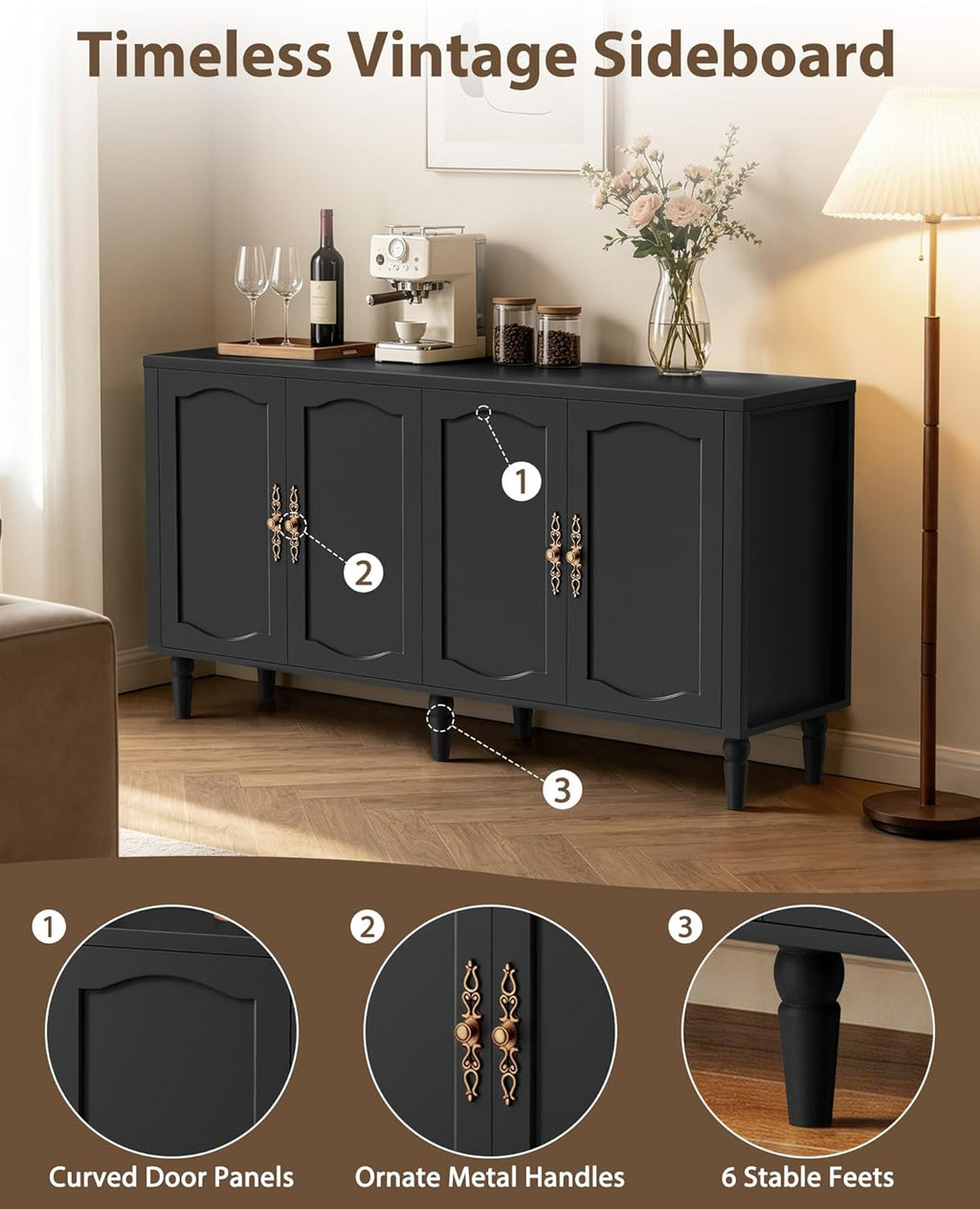 fineway 63" Sideboard Buffet Cabinet with Storage, Mid Century Modern Credenza with Adjustable Shelves & Carved Handles, Kitchen Buffet Table Large Coffee Bar for Dining Room & Living Room, Black
