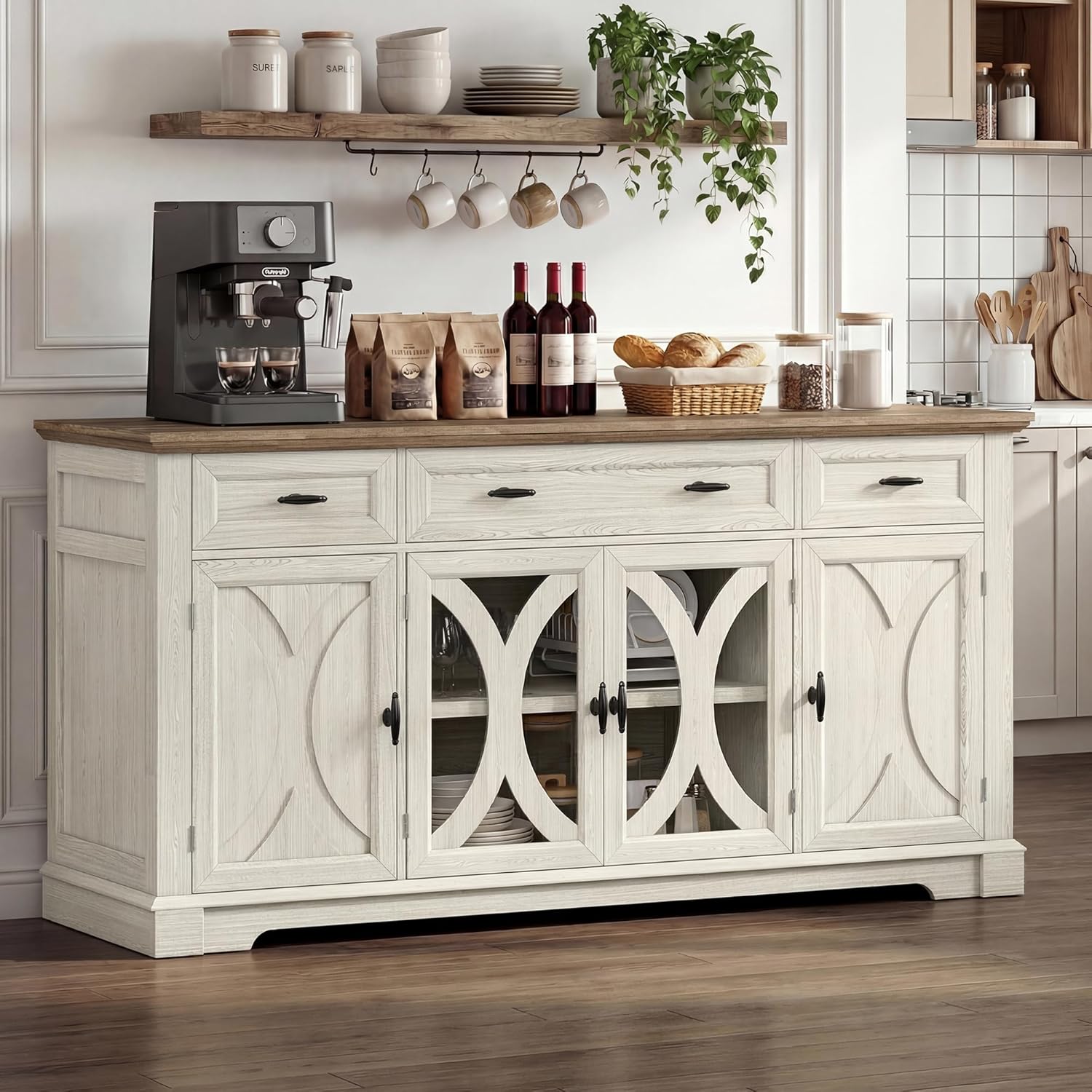 Einhomn 64" Farmhouse Sideboard Cabinet with 3 Drawers and 4 Doors, Buffet Cabinet with Adjustable Shelves and Curved Glass Doors, Large Storage Cabinet for Dining Room, Living Room, Kitchen,White