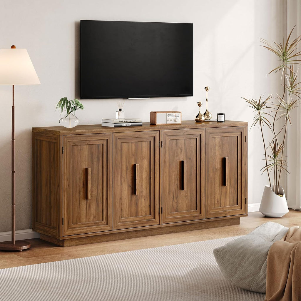 ONBRILL 63 Inch Sideboard Buffet Cabinet with Storage, Large Coffee Bar Cabinet with 4 Doors, Adjustable Shelves, Credenza Storage Cabinets for Kitchen, Living Room, Entryway, Antique Brown