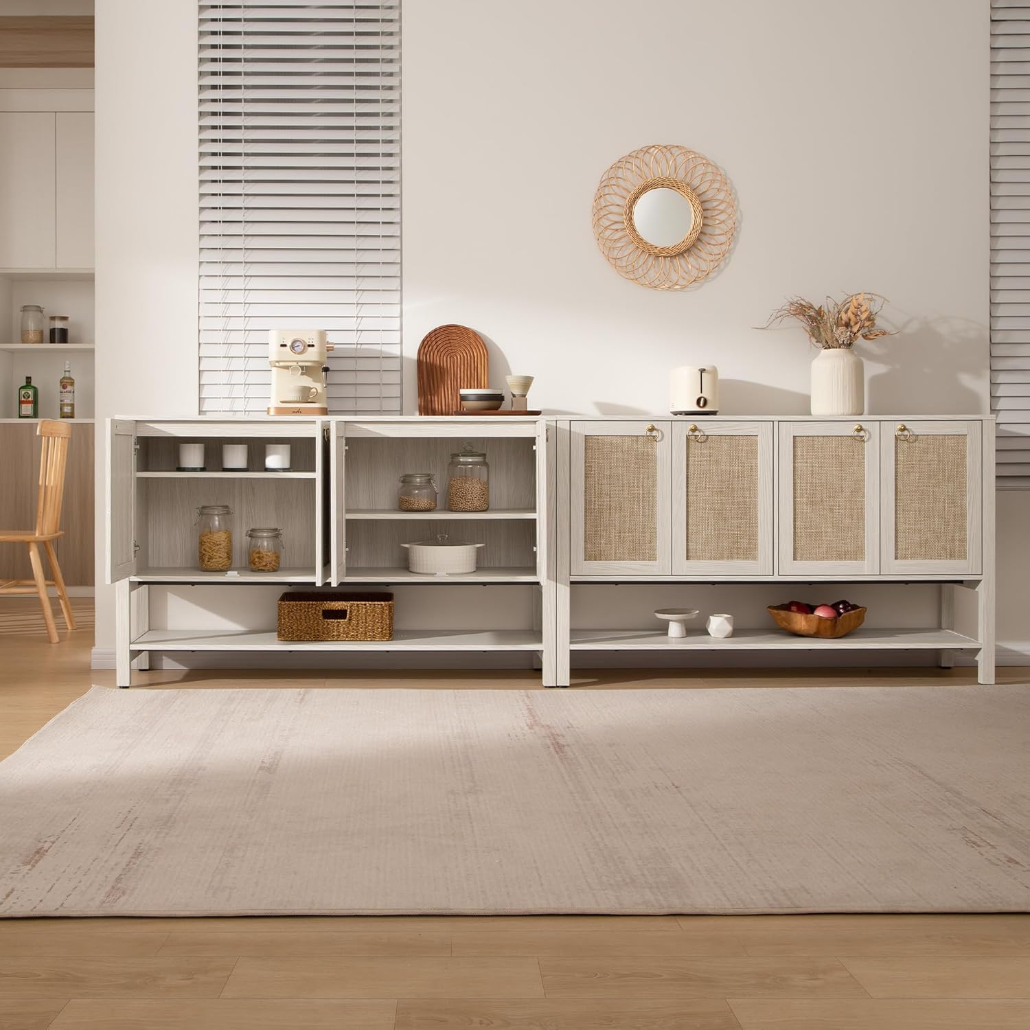 SICOTAS Sideboard Buffet Cabinet with Rattan Doors, 55" Boho Coffee Bar Cabinet with Open Shelf, Modern Farmhouse Credenza & Console Table for Entryway, Kitchen, Dining Room