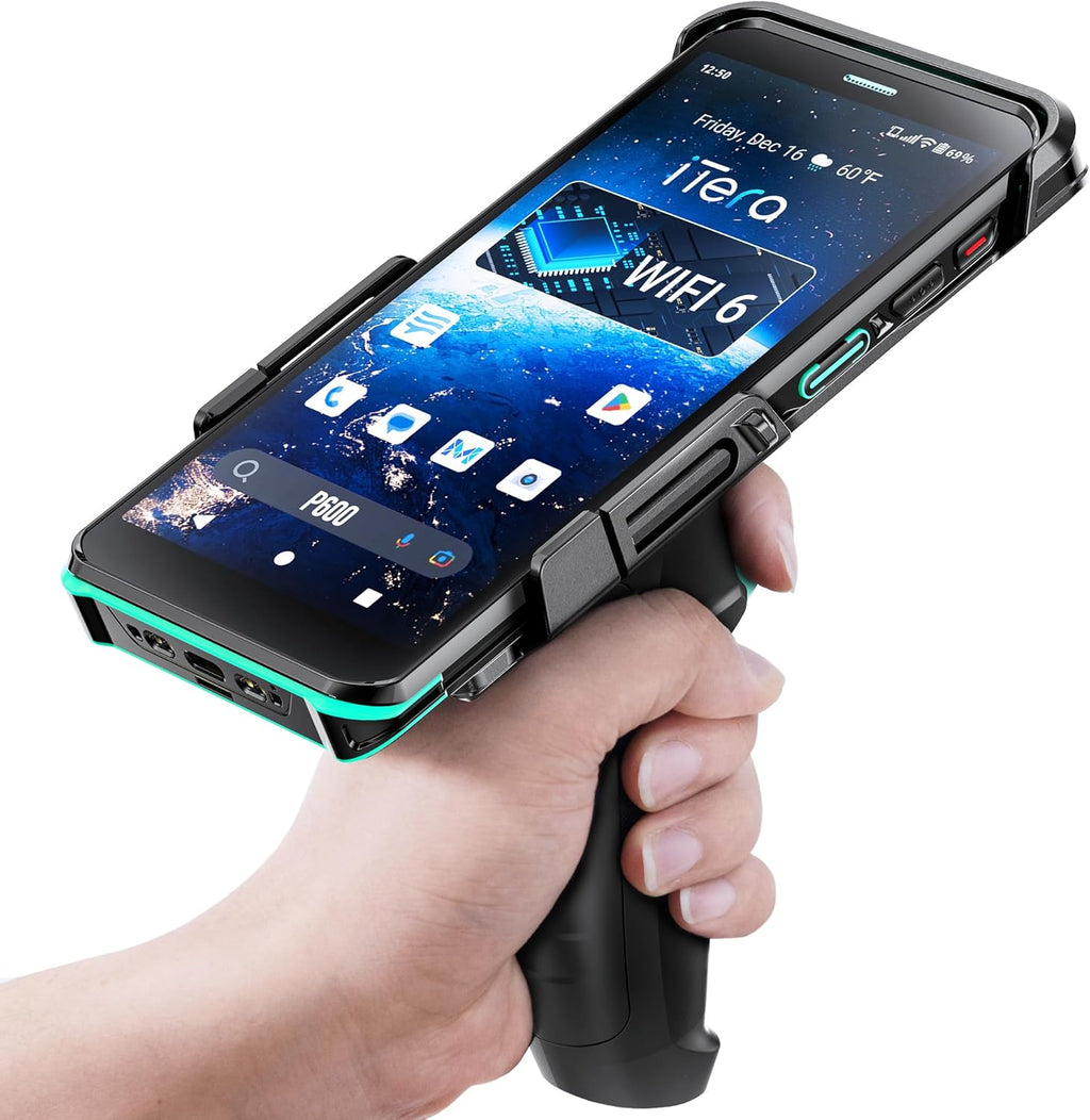 Android 11 Barcode Scanner PDA: 6" FHD Screen HS7 Scan Engine with Pistol Grip 6GB+64GB 5000mAh Battery IP67 Rugged 2D Handheld Computer for Warehouse Logistics Industrial P600