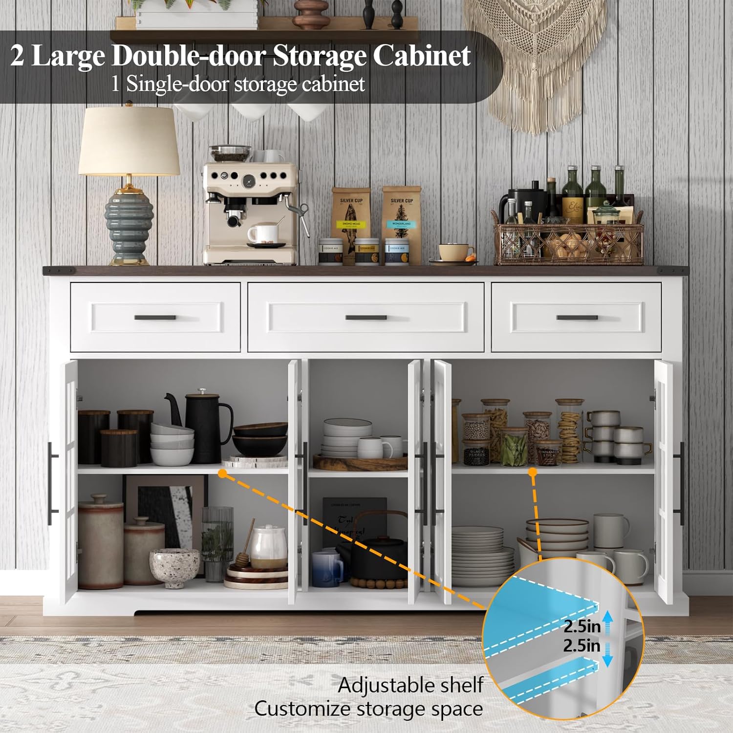 Gyfimoie 63" Sideboard Buffet Cabinet with Glass Doors, Farmhouse Large Buffet Table with 3 Storage Drawers, Modern Coffee Bar Wine Bar Cabinet with Adjustable Shelves for Kitchen, Dining Room, White
