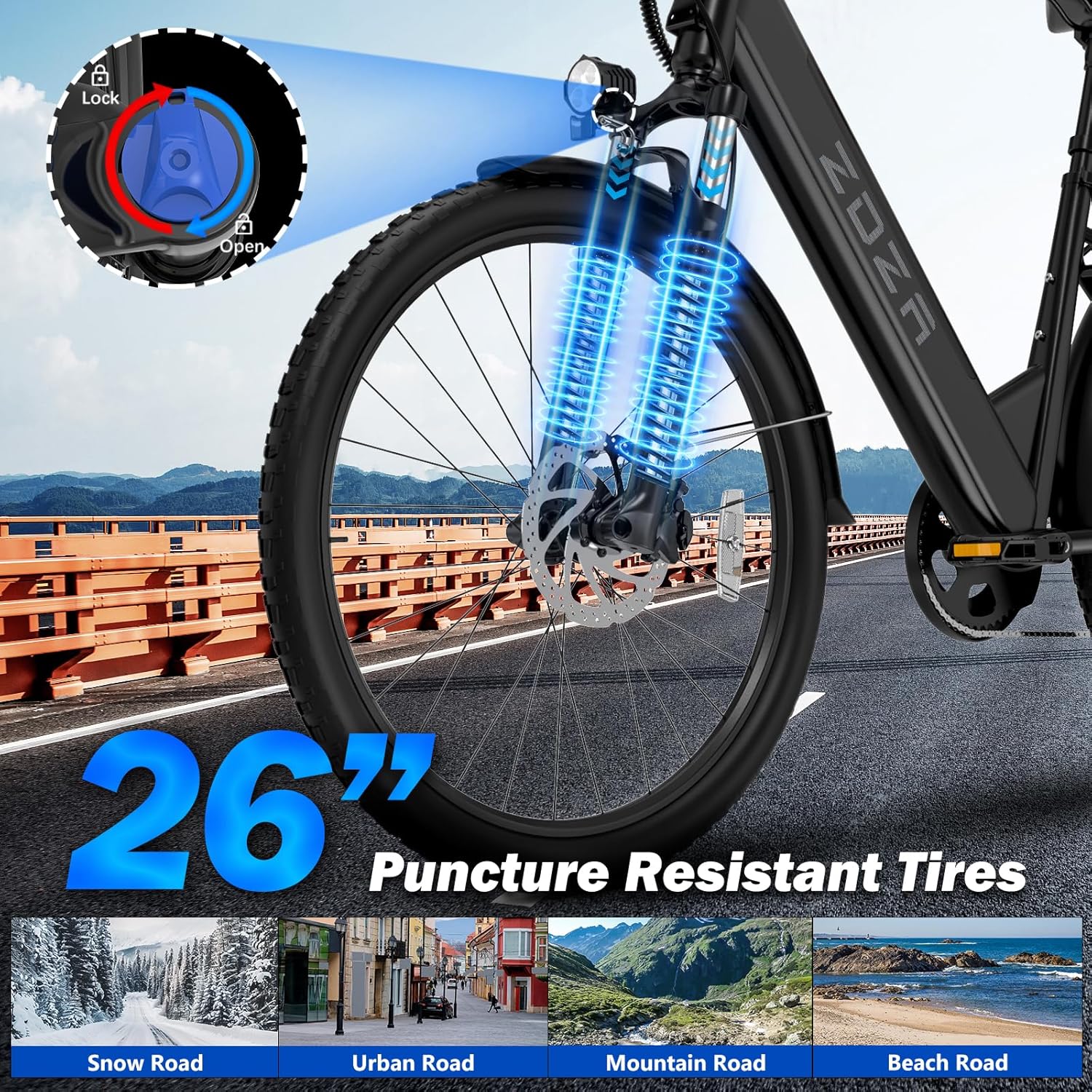 ZDZA Electric Bike for Adults, 1000W Peak Motor, 60 Miles 22Mph Electric Bike, 26" Commuter E Bikes with 48V 10.4Ah Removable Battery, Step-Thru Ebike, Adjustable Stem, 7-Speed & Front Suspension