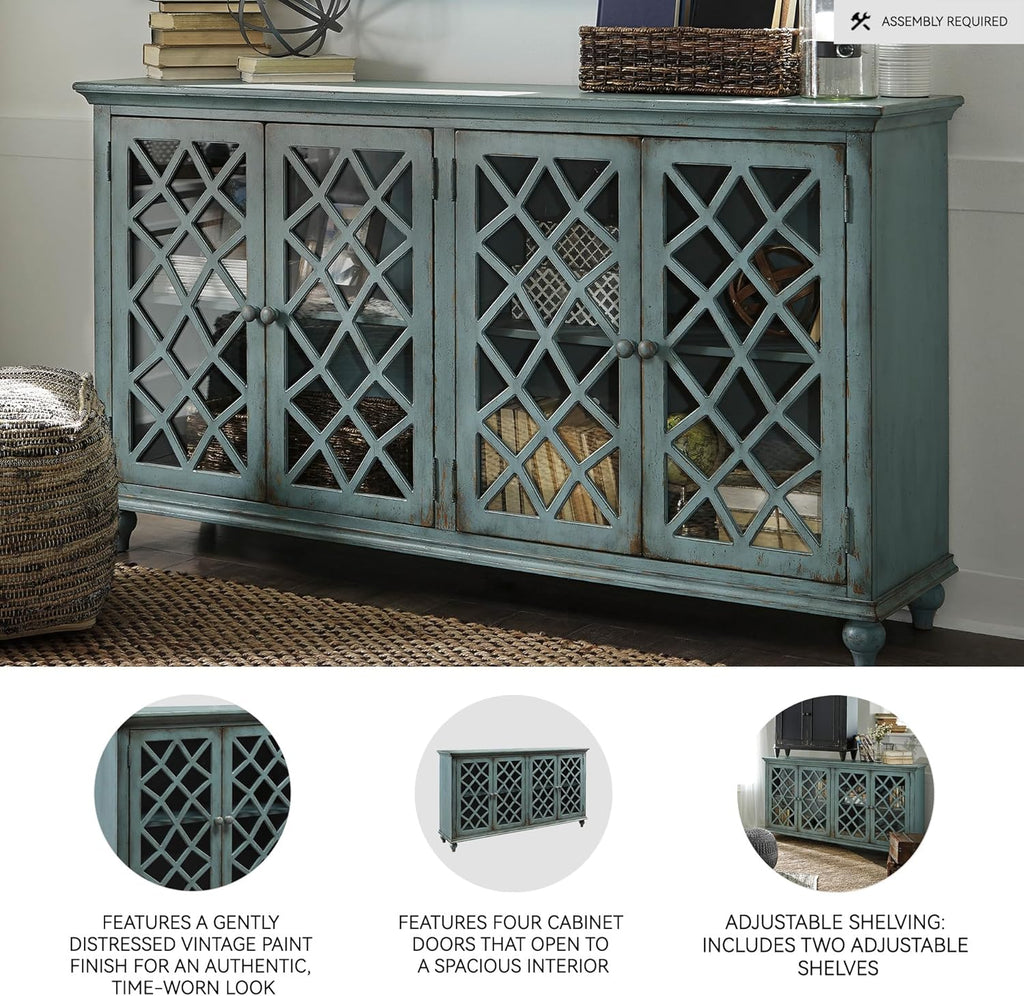 Signature Design by Ashley Mirimyn Vintage 69" 4-Door Accent Cabinet with Mirrored Glass and 2 Adjustable Shelves, Antique Blue