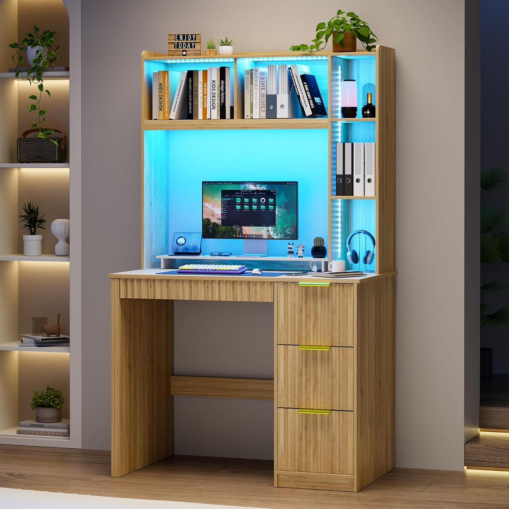 HNEBC Home Office Desk with Hutch and Drawers - 39" Standing Computer Desk with Charging Station&3 Color Lights,Hidden Compartment & Fluted Panel Design, LED Writing Desk for Bedroom, Study (Natural)