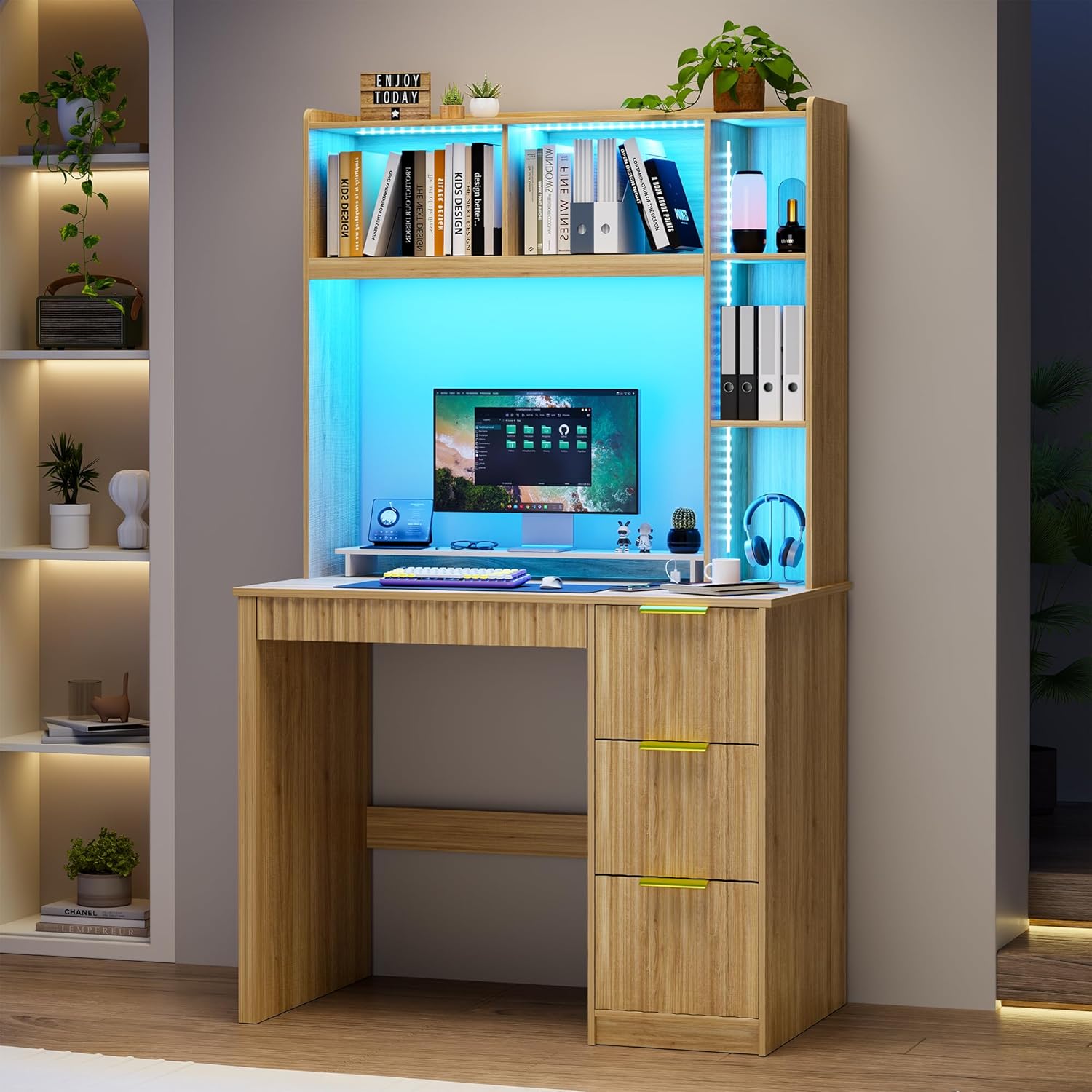 HNEBC Home Office Desk with Hutch and Drawers - 39" Standing Computer Desk with Charging Station&3 Color Lights,Hidden Compartment & Fluted Panel Design, LED Writing Desk for Bedroom, Study (Natural)