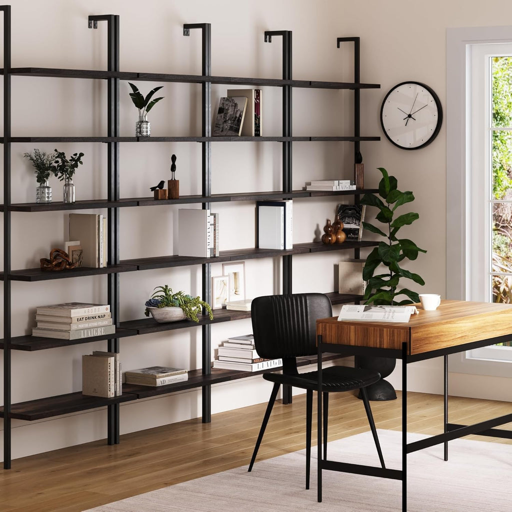 Nathan James Theo 6-Shelf Tall Bookcase, Wall Mount Bookshelf with Natural Wood Finish and Industrial Metal Frame, Nutmeg/Matte Black, Set of 4