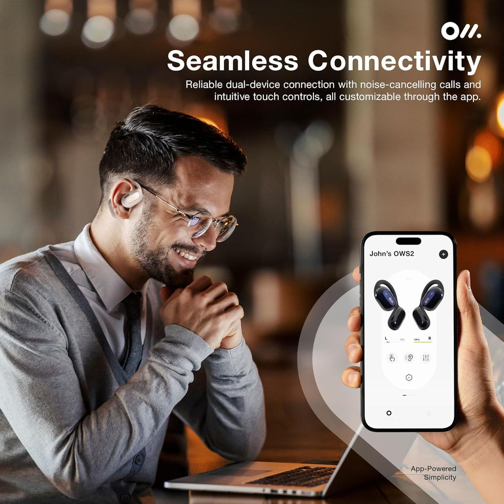 Oladance OWS2 Open Ear Wireless Headphones, Memory Titanium Frame, Virtual Bass 2.0, 16.5mm Drivers, 19H Battery, IPX4 Waterproof, Touch Controls, Bluetooth 5.3, Multi-Point Pairing (White)