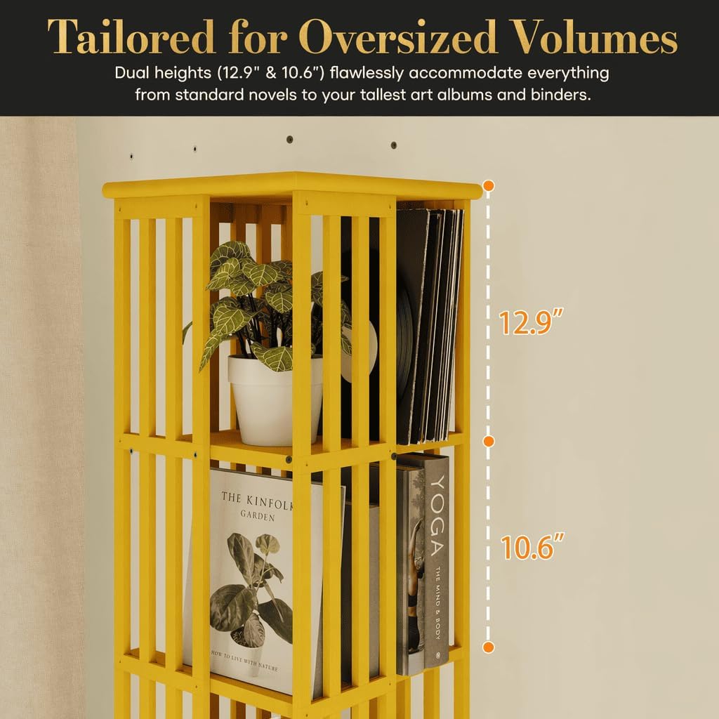 Lauxery Rotating Bookshelf Tower– 6 Tier 360° Spinning Bookshelf | Space-Saving Floor Standing Bamboo Revolving Bookcase for Small Space, Home Offices & Reading Corners | Gold
