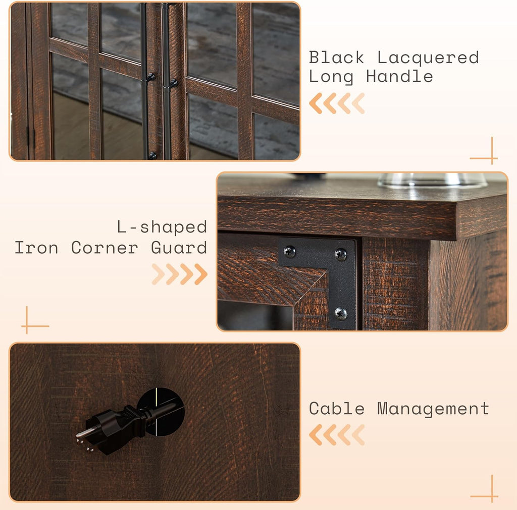 AMERLIFE Farmhouse 63" Buffet Sideboard Cabinet with Glass Door, Large Storage Cabinet with Adjustable Shelf, Wooden Coffee Bar Station for Kitchen, Dinning Room, Brown