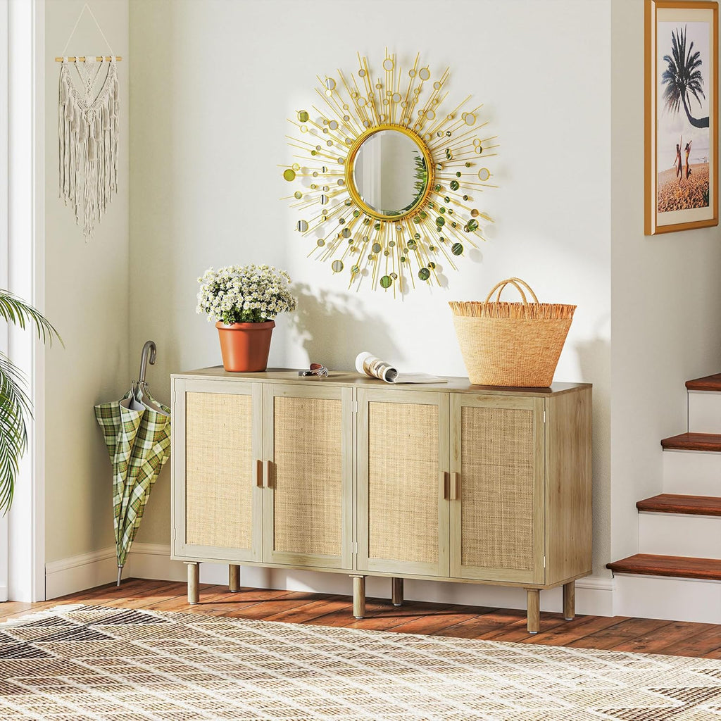 HOMCOM Sideboard Buffet Cabinet, 62" Boho Buffet Table, Rattan Coffee Bar Cabinet with 4 Doors and Shelves for Kitchen, Living Room, Entryway, Natural