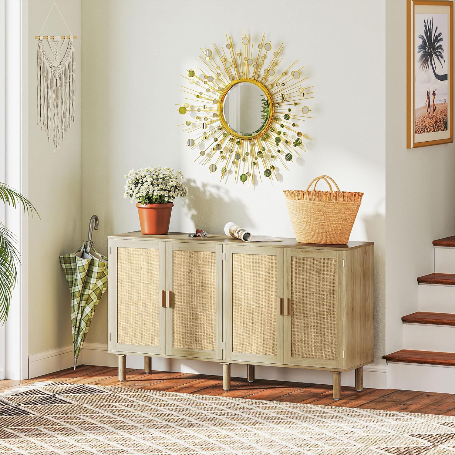 HOMCOM Sideboard Buffet Cabinet, 62" Boho Buffet Table, Rattan Coffee Bar Cabinet with 4 Doors and Shelves for Kitchen, Living Room, Entryway, Natural