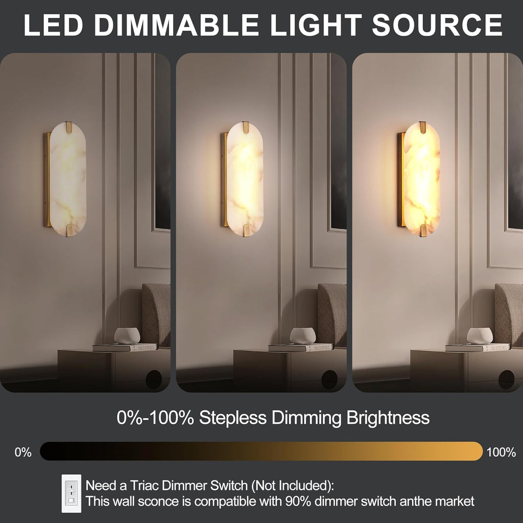 14.17in Alabaster Wall Sconces, Natural Marble Wall Light, Modern LED Alabaster Sconces for Living Room Indoor Wall Lamps for Dining Room Stairs Bedroom,Brushed Gold