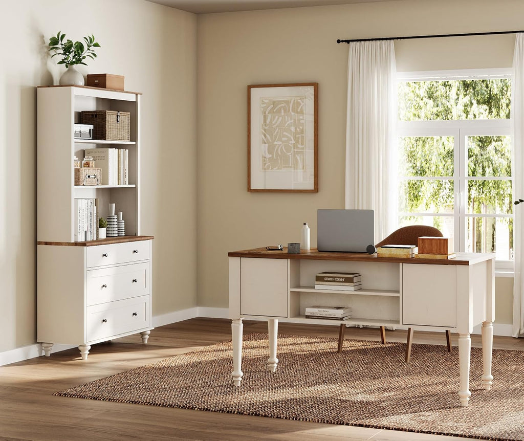 WAMPAT Home Office Furniture Set, 56" Executive Desk with Charging Station, 72" Tall Bookcase with 3 Drawers, Wood Computer Desk with File Cabinet Storage, Open Shelf, White