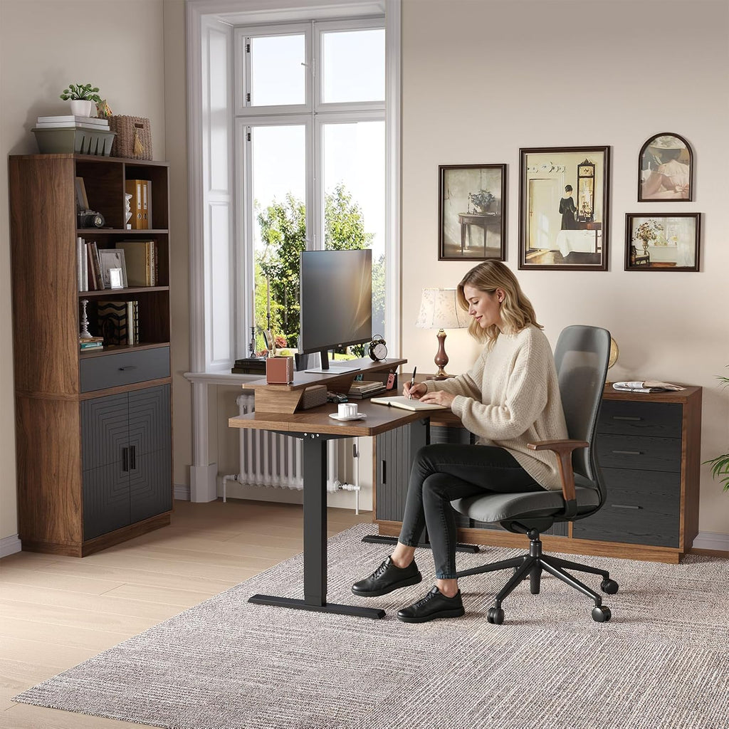 ONBRILL Home Office Furniture Sets, 55'' Standing Desk with 55'' File Cabinet, Electric Height Adjustable Standing Desk with 71'' Tall Modern Bookshelf, Home Office Furniture Set, Walnut
