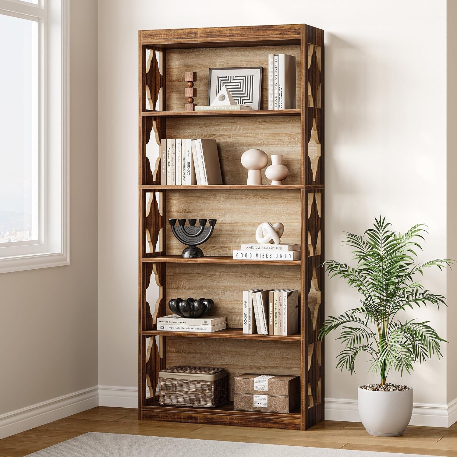 LITTLE TREE 69.9" Vintage Bookshelf, 5-Tier Tall Bookshelves, Cutout Design Vertical Bookcase, Freestanding Storage Display Shelf for Living Room, Bedroom, Study, Office, 1 Pack