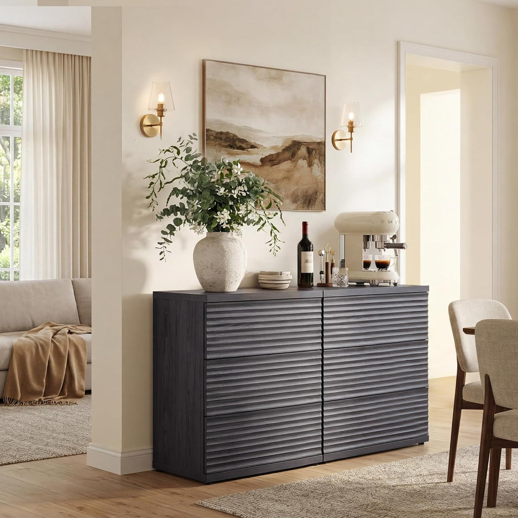 SICOTAS Sideboard Buffet Storage Cabinet, Fluted Credenza Liquor Cabinet with 3 Drawers, Mid Century Modern Coffee Bar Cabinet Console Table for Kitchen Hallway (3 Pieces)