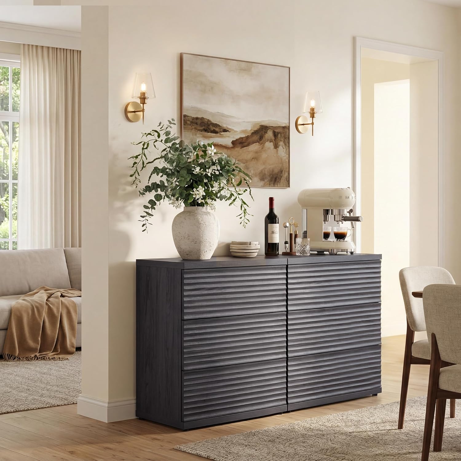 SICOTAS Sideboard Buffet Storage Cabinet, Fluted Credenza Liquor Cabinet with 3 Drawers, Mid Century Modern Coffee Bar Cabinet Console Table for Kitchen Hallway (3 Pieces)