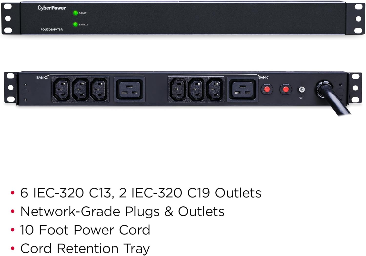 CyberPower PDU30BHVT8R Basic PDU, 208-230V/30A (Derated to 24A), 8 Outlets, 10ft Power Cord, 1U Rackmount