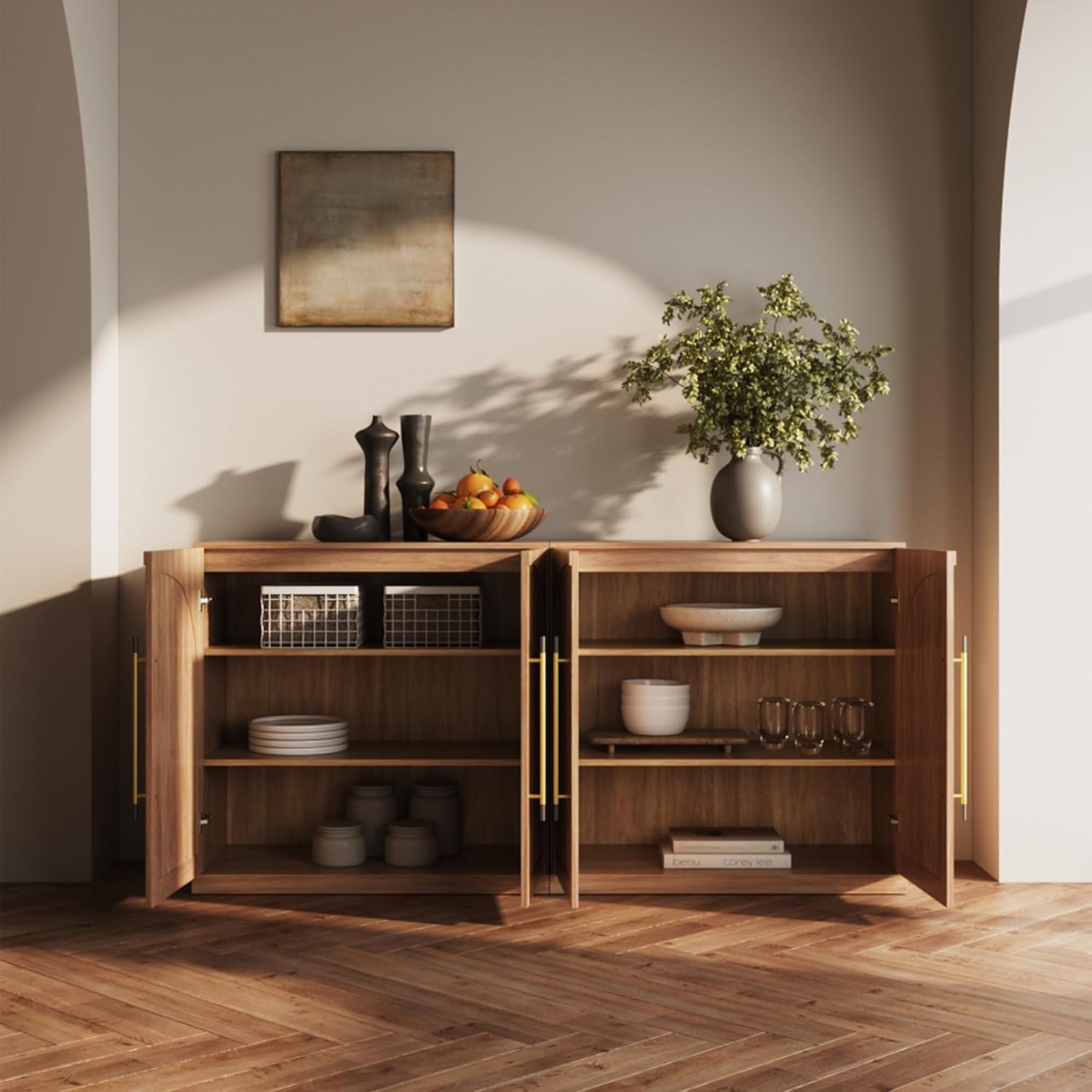 BELLEZE 65" Arched Sideboard with Glass Door, Accent Buffet Cabinet with Storage and Adjustable Shelves, Classic Modern Large Console Table for Dining Room Living Room Entryway (Camel)