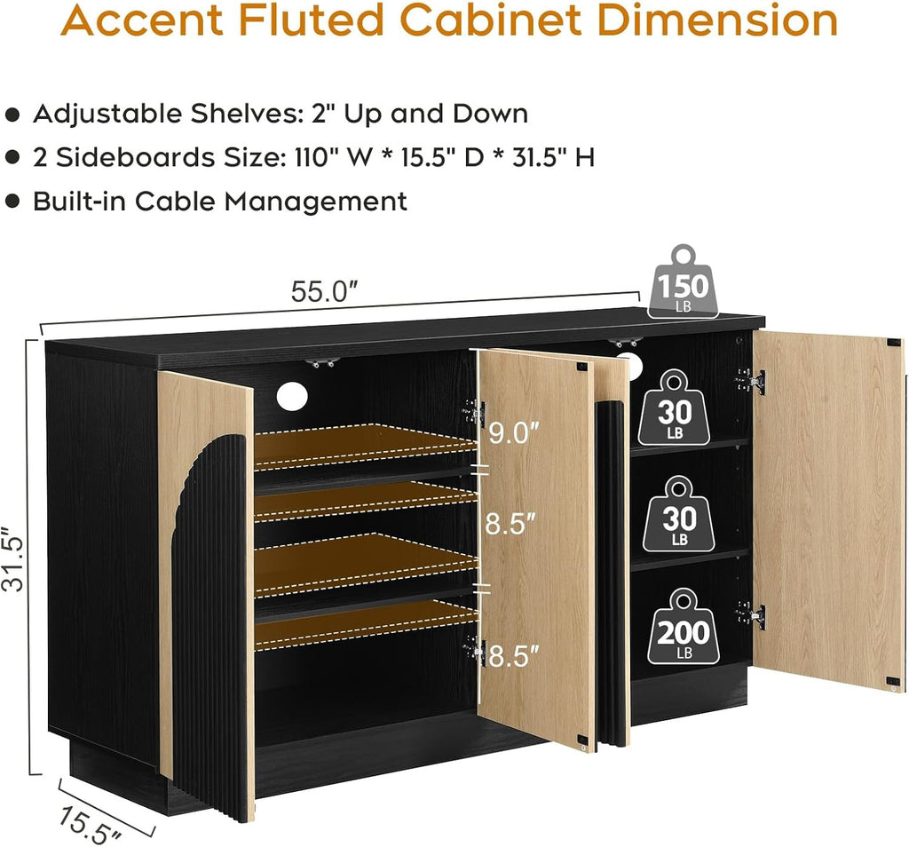 Yechen 55 Inch Fluted Sideboard Buffet Cabinet with Arched Reeded Doors, Modern Mid Century Credenza Accent Storage Cabinet with Adjustable Shelves for Living Room, Dining Room or Kitchen