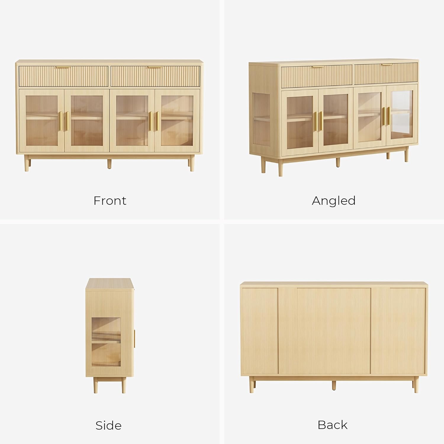 IRONCK 59'' Sideboard Buffet Cabinet with Drawers, Modern Kitchen Storage Cabinet with Adjustable Shelves and Tempered Glass Doors, Wood Coffee Bar for Kitchen, Living Room, Oak