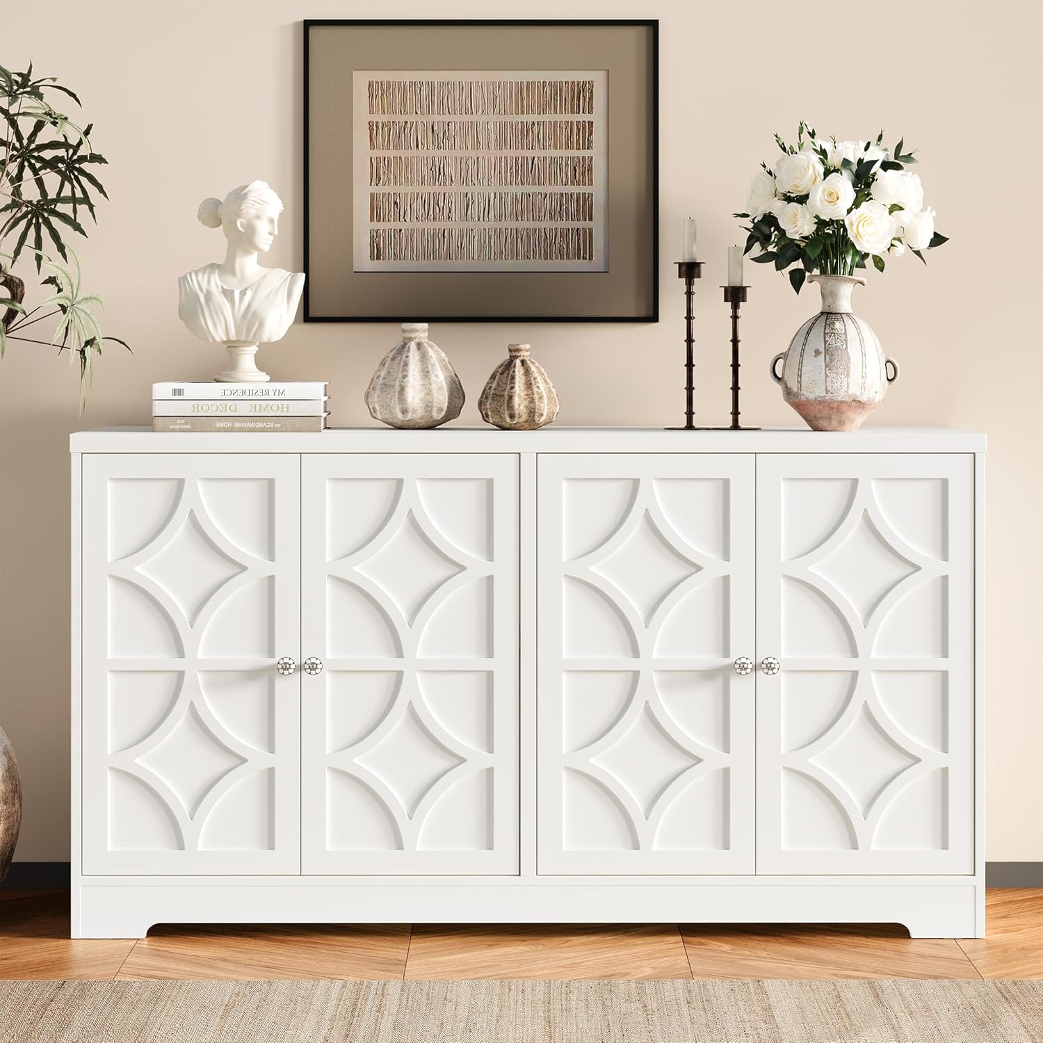 RoyalCraft Sideboard Buffet Cabinet with Storage, 56" Modern Sideboard with 4 Carved Doors, Large Wood Coffee Bar Console Table for Kitchen, Dining Room, Entryway, Living Room, Satin White