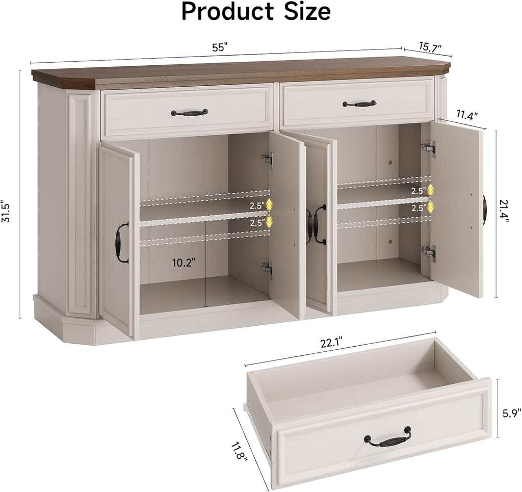 ONBRILL 55" Sideboard Buffet Cabinet with 2 Storage Drawers & 4 Doors, Modern Kitchen Sideboards and Buffets with Adjustable Shelves, Wood Coffee Bar Cabinet for Living Room, Entryway, Off-White