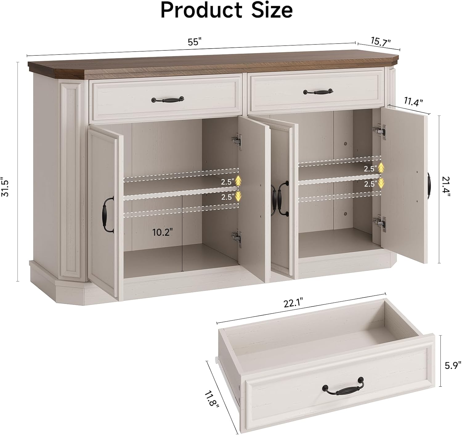 ONBRILL 55" Sideboard Buffet Cabinet with 2 Storage Drawers & 4 Doors, Modern Kitchen Sideboards and Buffets with Adjustable Shelves, Wood Coffee Bar Cabinet for Living Room, Entryway, Off-White