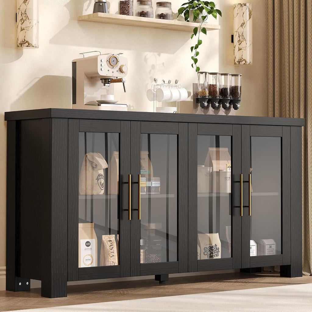 IDEALHOUSE Modern 59" Buffet Cabinet with Tempered Glass Panel Doors, Multifunctional Wood Sideboard Credenza for Home Living, Kitchen & Dining Spaces