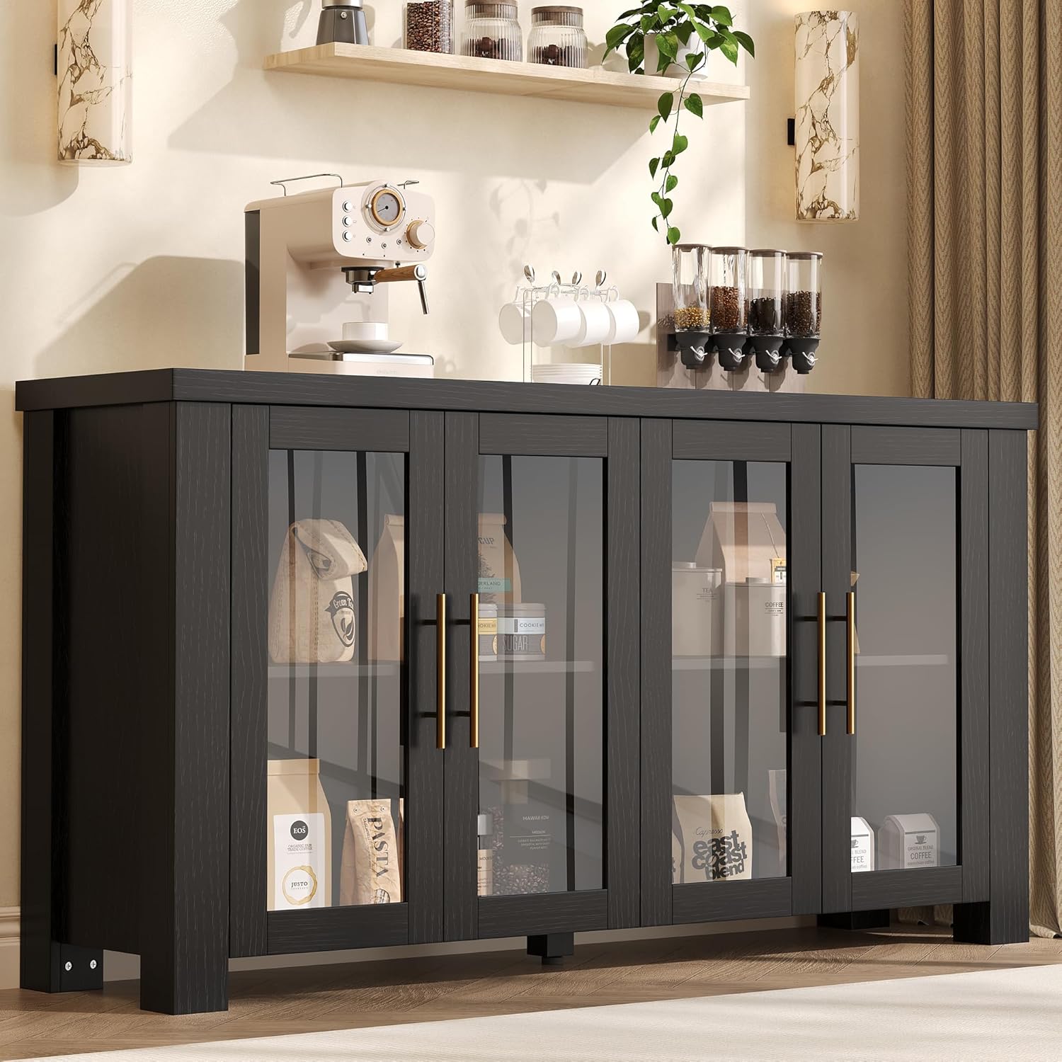 IDEALHOUSE Modern 59" Buffet Cabinet with Tempered Glass Panel Doors, Multifunctional Wood Sideboard Credenza for Home Living, Kitchen & Dining Spaces