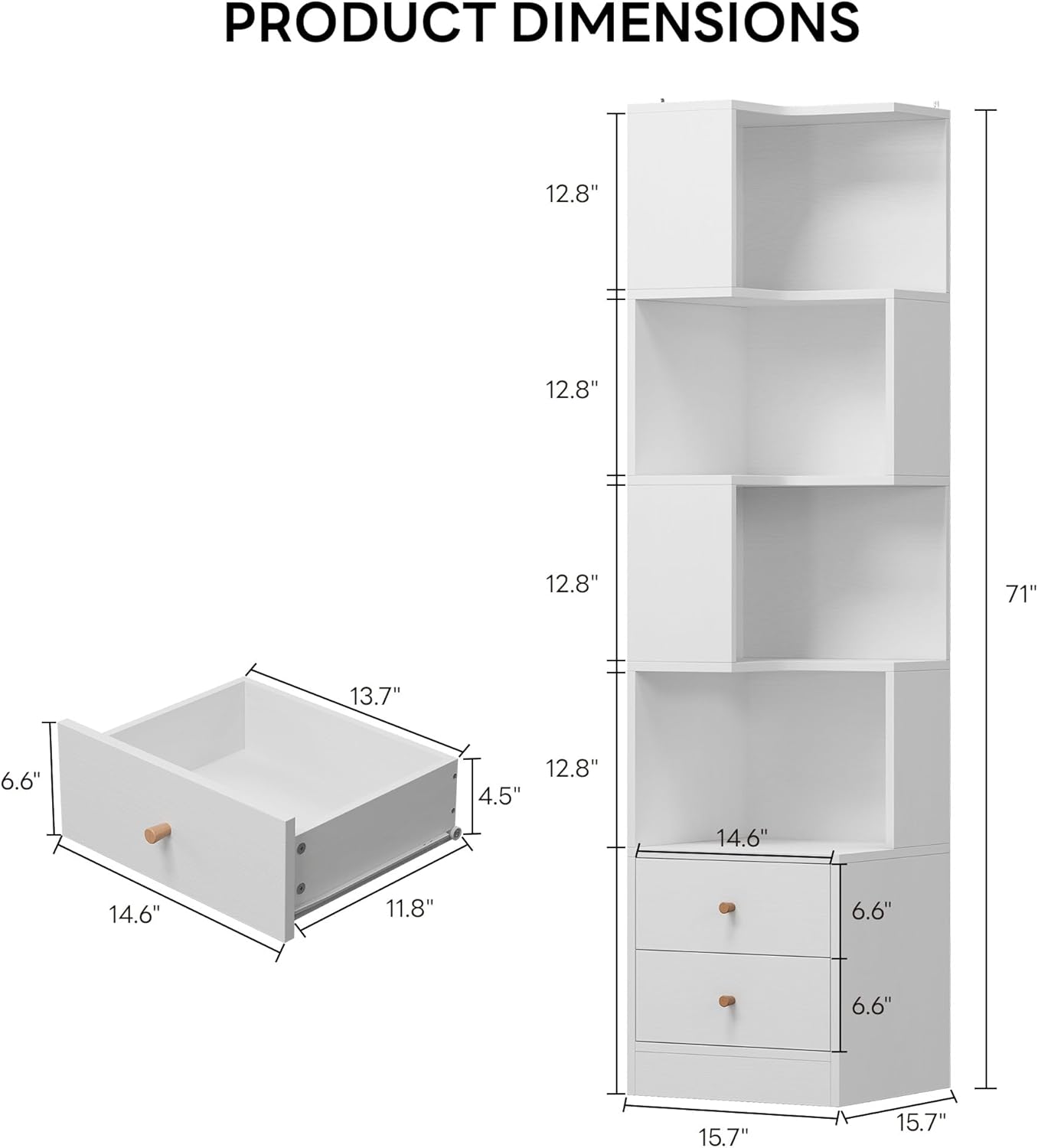 IRONCK Corner Bookshelf, 70.87" Tall Corner Bookcase with Drawers, Corner Shelf Storage Display Rack for Living Room Home Office, White