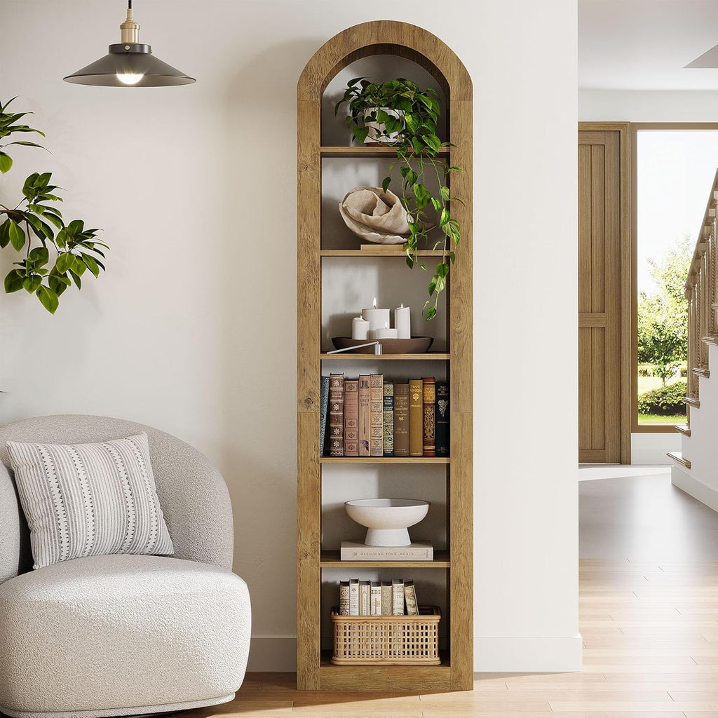 Tribesigns 74.8" Tall Arched Bookshelf, 6-Tier Narrow Open Bookcase, Floor Standing Corner Display Shelves Storage Organizer for Small Space, Home Office, Living Room (Rustic Brown, 1 PC)