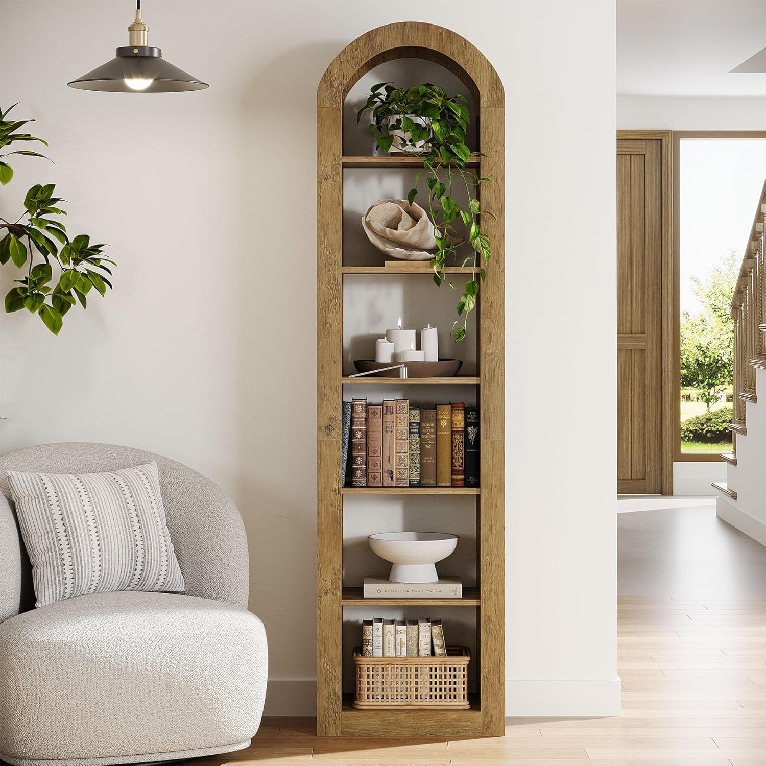 Tribesigns 74.8" Tall Arched Bookshelf, 6-Tier Narrow Open Bookcase, Floor Standing Corner Display Shelves Storage Organizer for Small Space, Home Office, Living Room (Rustic Brown, 1 PC)