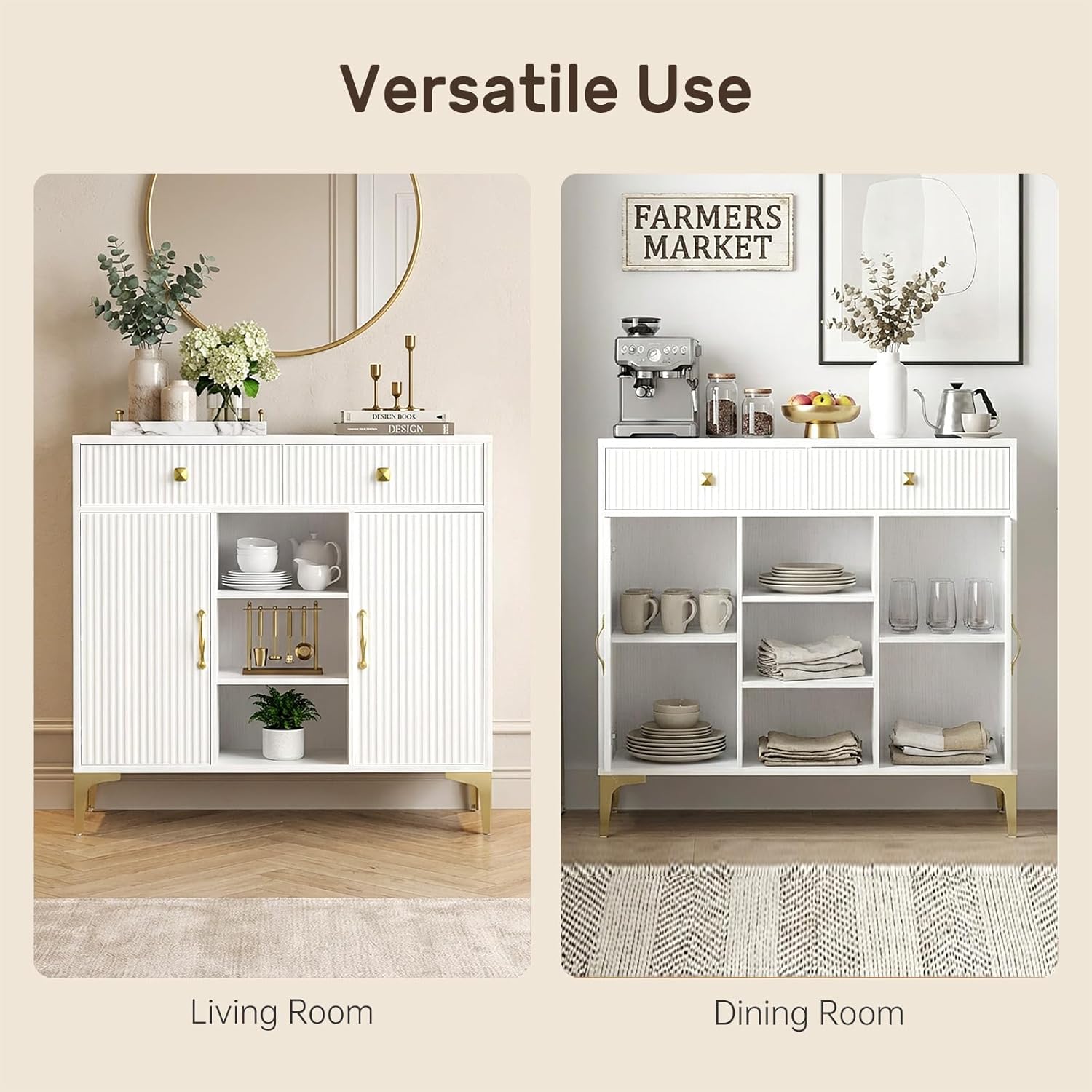 Sideboard Buffet Cabinet with Adjustable Shelves, Modern Storage Cabinet with Drawers and Doors, White Kitchen Buffet for Dining Room, Living Room, Entryway, 39.4 Inch
