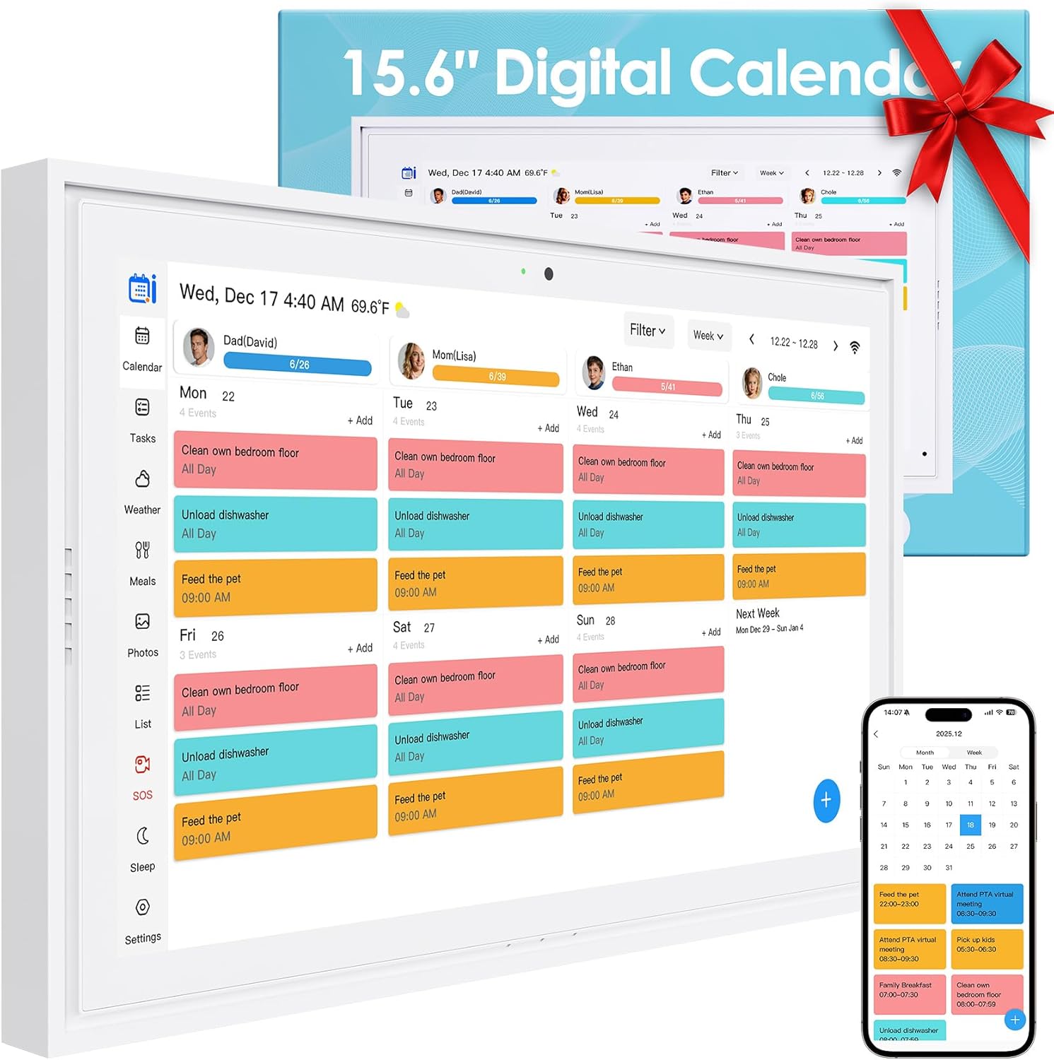 15.6" Electronic Wall Calendar & Digital Family Planner, 2K Smart Touchscreen Display with Video Call, Chore Chart & Shared Family Schedule, 4+64GB, Wall or Desk Mount, Interactive Calendar Organizer