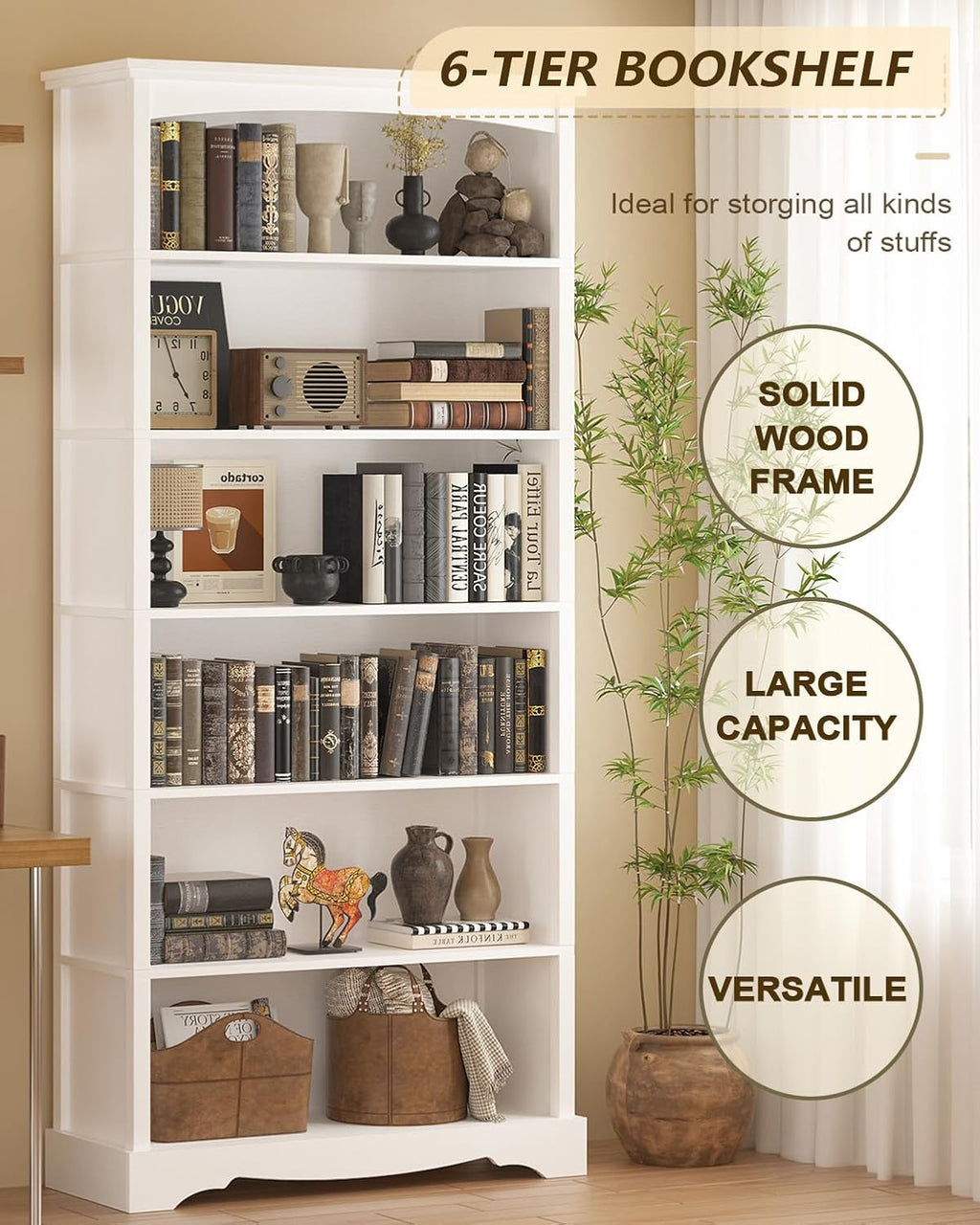TVU 6-Tier Wooden Bookshelf, 76 Inch Tall Bookshelf with Storage, Floor Standing Modern Style Display Bookcase for Living Room, Office, Study Room, Entryway, White