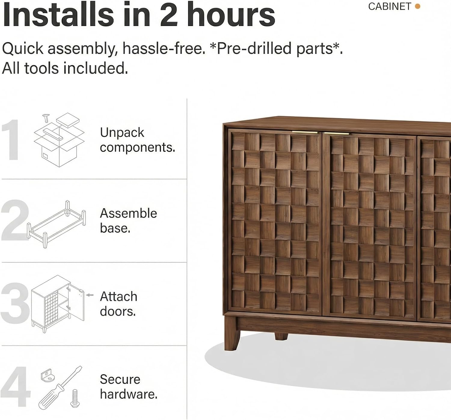 COLAMY 60" Sideboard Buffet Cabinet with Storage, Modern 3D Checkerboard Credenza with 4 Doors & Solid Wood Legs, Large Kitchen Coffee Bar Console Table for Dining Room, Living Room,Walnut Black